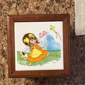 Vintage girls Wooden Framed Tile keepsake/jewelry box